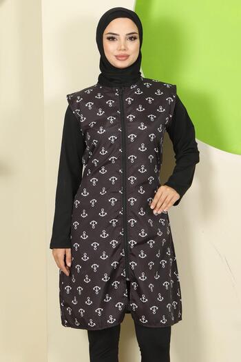 hafsamina Anchor Pattern Vest Full Covered Hijab Swimsuit Black Hm2809