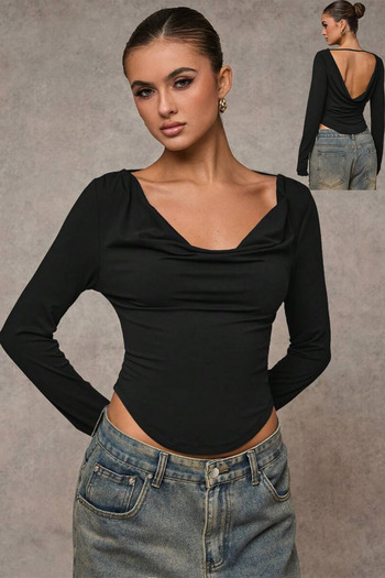 ecemore Backless Degaje Collar Long Sleeve Blouse