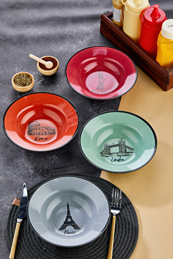 EMBazaar 4-Piece Colorful City Patterned Mini 20 cm Salad Plate/Pasta Plate/Deep Plate/