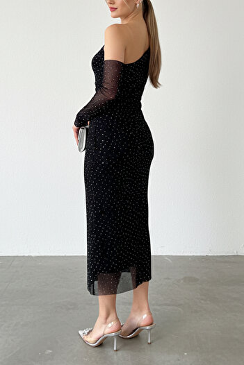 MILANOFOX One Shoulder Asymmetrical Neckline Rhinestone Black Tulle Midi Dress |   Wedding, Marriage, Graduation, New Year