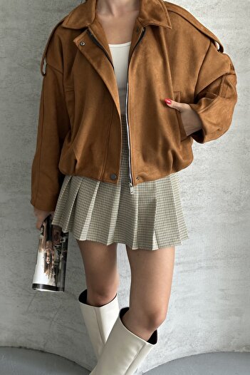 moda armanc Women's Oversize Suede Bomber Jacket - New Season Leather Trend Jacket