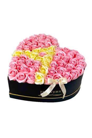 velve Personalized floral arrangement with letter, heart box with 49 soap roses, Pink-Butter White Letter A