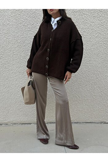 minaaise Women's Brown Oversize Knit Cardigan with Dirty Stitching 7000