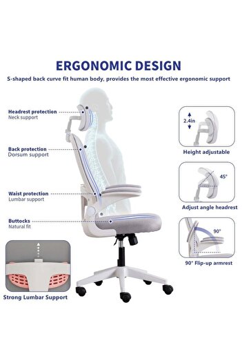 fulina Ergonomic Office Chair,Breathable Mesh with Wheels,With Flip-up Armrests and Lumbar Support,Gray