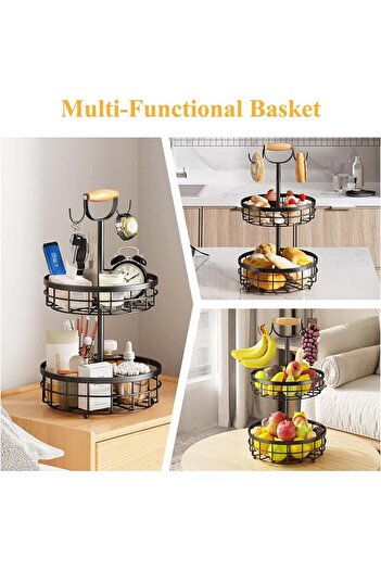 fulina Fruit Storage Basket,Metal with Wooden Carrying Handle,Ventilated Design with Banana Hooks,2Layer