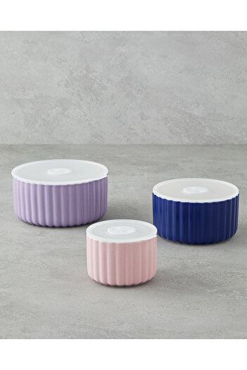 English Home Oliver New Bone China 3-Piece Storage Container 300 Ml-600 Ml-800 ml Lilac-Navy Blue-Cream