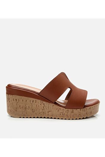 Hotiç Women's Leather Tan Wedge Heeled Slippers