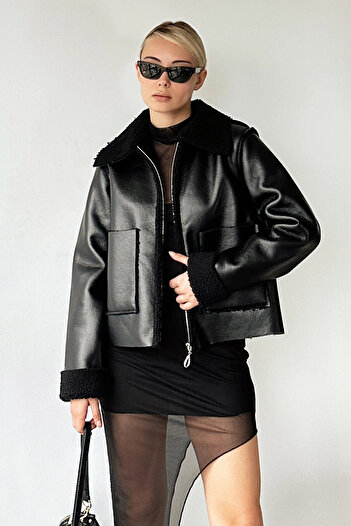 VAGGON Women's Black Double Pocket Faux Fur Lined Faux Leather Biker Jacket Prm0408
