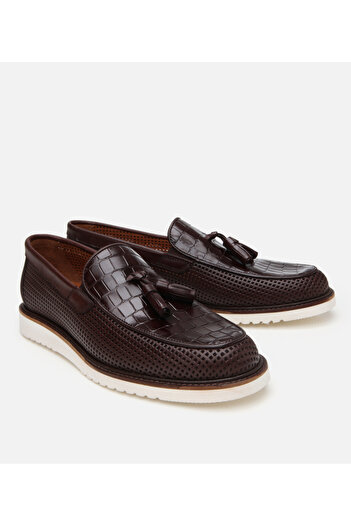 Hotiç Men's Leather Brown Crocodile Patterned Tassel Detailed Casual Loafer