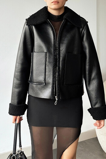 VAGGON Women's Black Double Pocket Faux Fur Lined Faux Leather Biker Jacket Prm0408