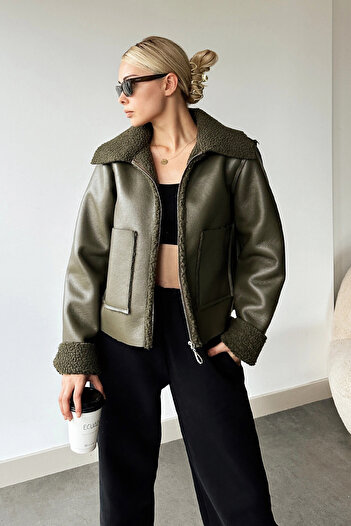 VAGGON Women's Khaki Double Pocket Faux Leather Biker Jacket with Fur Inside Prm0408