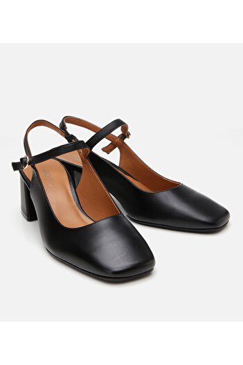 Hotiç Women's Leather Mary Jane Black Slingback Heeled Shoes
