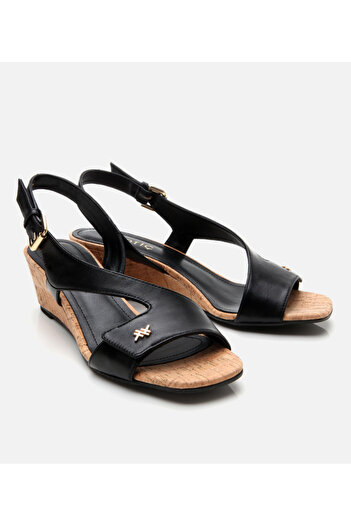 Hotiç Women's Leather Black Belted Wedge Heeled Sandals