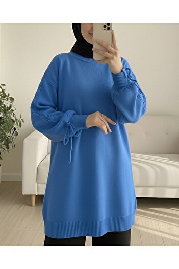 Modamorfo Round Neck Sleeve Knit Detailed Sweater -Blue