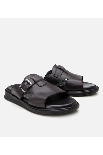 Hotiç Men's Leather Black Light Sole Belt Detailed Slippers