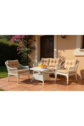Tu Tienda KAŞ 2+1+1+SEHPA BAHÇE BALKON MOBİLYASI,BEYAZ RATTAN/BEJ KUMAŞ