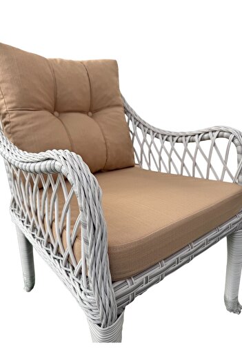 Tu Tienda KAŞ 2+1+1+SEHPA BAHÇE BALKON MOBİLYASI,BEYAZ RATTAN/BEJ KUMAŞ