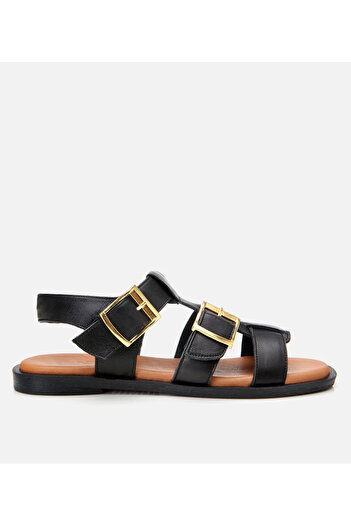 Hotiç Women's Leather Black Belted Flat Sandals