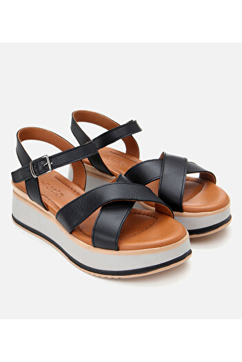 Hotiç Women's Leather Black Wedge Heeled Sandals