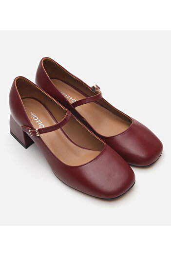 Hotiç Women's Leather Mary Jane Burgundy Thick Heeled Shoes