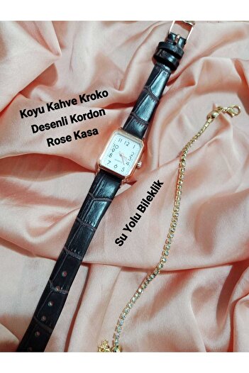 QUARTZ Retro Vintage Model Women's Wristwatch - Rectangle Rose Case - Dark Brown Band - Tt0133