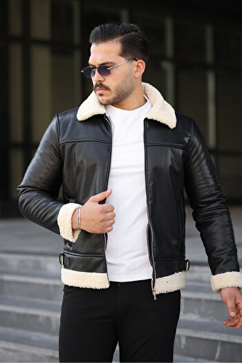 BOYS MANS Ανδρικό δερμάτινο μπουφάν Χειμερινό μαύρο δερμάτινο μπουφάν