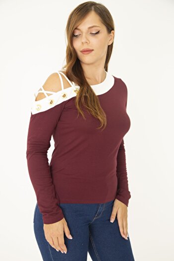 Şans Women's Large Size Claret Red Eyelet and Piping Detailed Blouse 65N36965