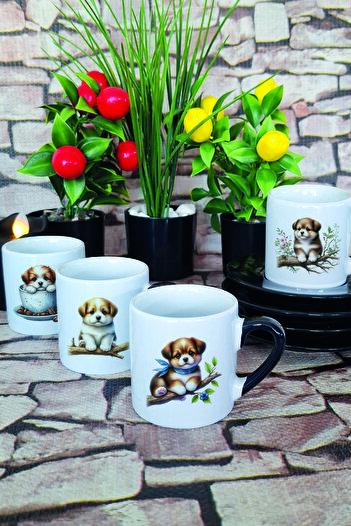 giftkonsept Cute Dogs Printed Black Handle 4-Piece Porcelain Turkish Coffee Cup Set