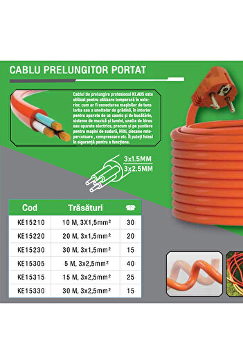 Klaus Portable Extension Cable KE15310, 10m, 3x2.5mm, Orange, Indoor/Outdoor