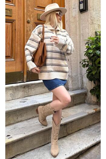 Madmext Ecru Striped Buttoned Polo Collar Sweater Mg2357