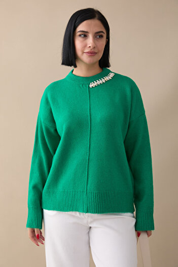 InStyle Emerald Green Stone Detailed Seashell Knitwear Sweater