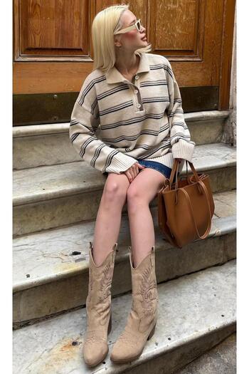 Madmext Ecru Striped Buttoned Polo Collar Sweater Mg2357