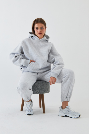 The Champ Clothing Oversize Unisex Tracksuit Set Gray – Basic, 3 Thread Ribbed Fleece; Hooded Top, Elastic Bottom