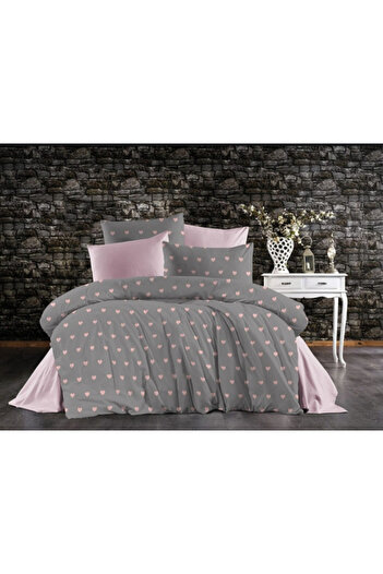 Rose Luxury Bedding Set 100% Cotton – Gray with Pink Hearts, 4 Pieces + Gift Box