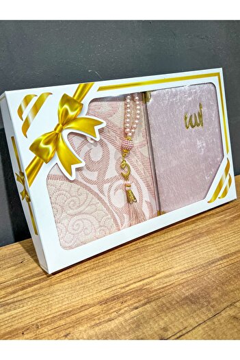 AYHANHOME Hediyelik Bohçalık Tafta Saçaklı Pembe Seccade, Yasin, Tesbih Seti