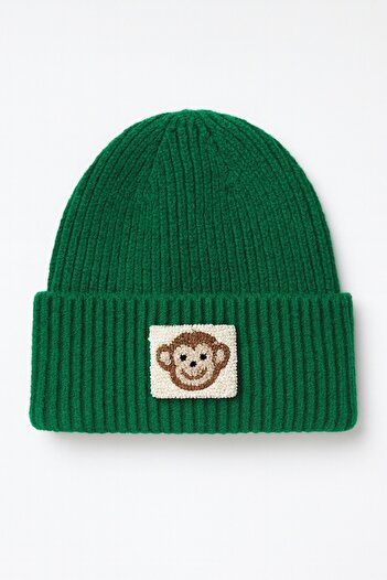 byebruketenci Green Wool Luxury Monkey Punch Detailed Beret Green Beret New Year