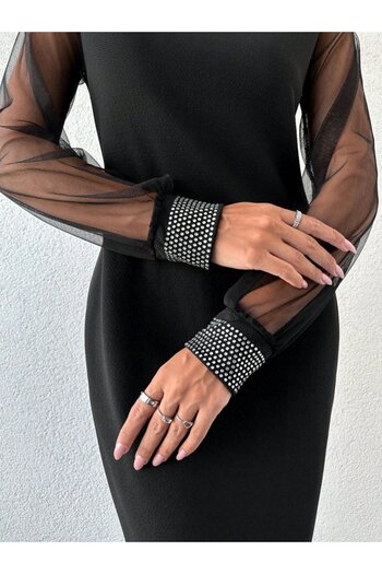 Varyete Women's Long Sleeve Crew Neck Sleeves Tulle Cuff Stone Embroidered Crepe Dress