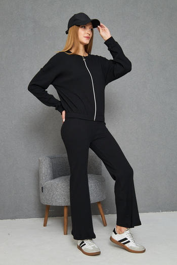 ESPOİRPLUS Women's Black Color Camisole Pants Bomber Jacket Bottom Top Set