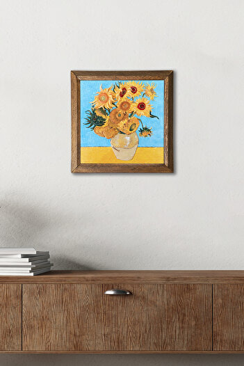Pinecone Vincent van Gogh On İki Ayçiçekli Vazo Ahşap Çerçeveli Taş Duvar Tablosu – 25x25 cm |W1-276|