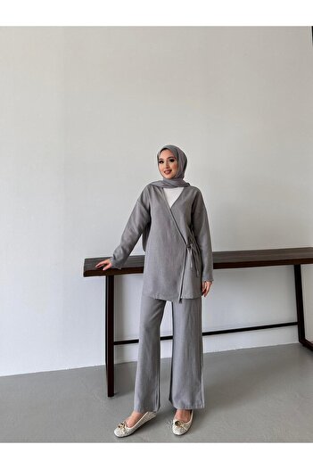 New Lune Women's Clothing Gray Color Side Tie Linen Tunic Suit Bottom Top Double Suit