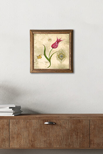 Pinecone Tulip Marbling Art Wooden Framed Stone Wall Painting – 25X25 cm Decorative Home and Office Decor | W1-134 |