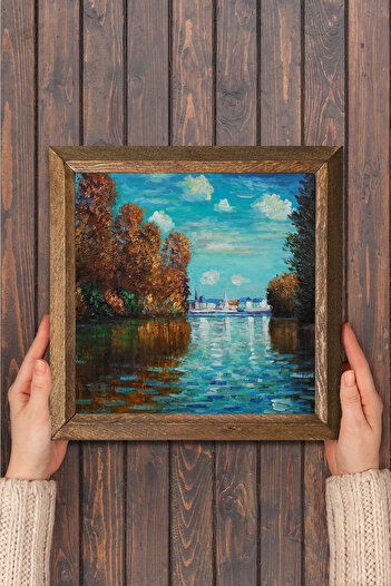 Pinecone Claude Monet Sonbahar Ahşap Çerçeveli Taş Duvar Tablosu – 25x25 cm Ev ve Ofis Dekoru |W1-254|