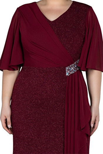 Arden Plus Size Long Evening Dress, Silvery Stone Detail Double Breasted, V-Neck Short Sleeve Dress, Wedding Mother Dress, 44-58