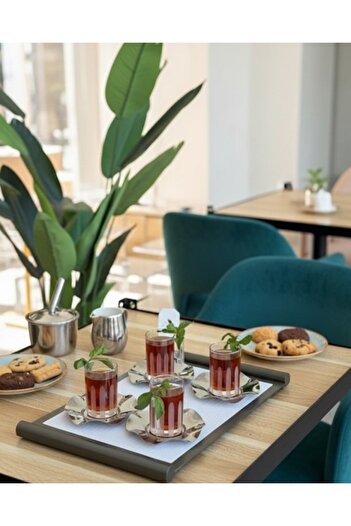 DECOSTYLE 18 Piece Modern Glass Tea Set with Silver Steel Plate