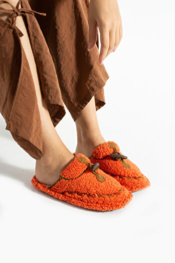Moda Devrin Orange Ivory Stitched Washable Winter Women's Slippers