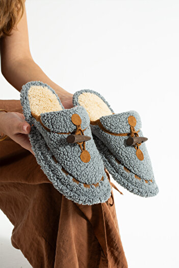 Moda Devrin Gray Ivory Stitched Washable Winter Women's Slippers