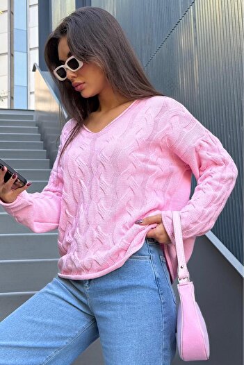 Madmext Pembe V Yaka Örgü Desen Oversize Kadın Kazak Mg2519