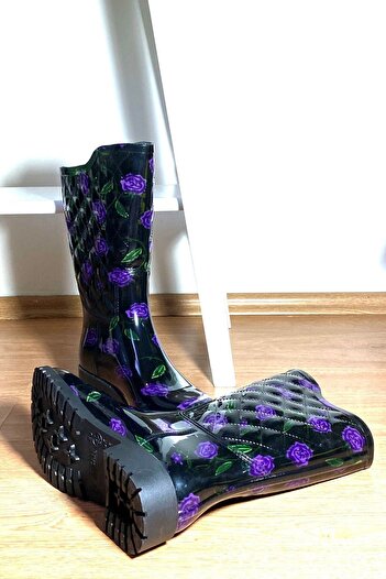 ARISAN Women's Black Long Floral Rain Boots