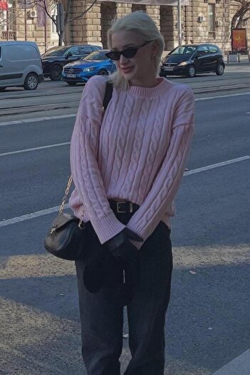 Madmext Pembe Bisiklet Yaka Örgülü Triko Kazak Mg2336