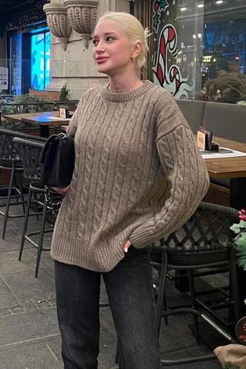 Madmext Mink Crew Neck Braided Knitwear Sweater Mg2336
